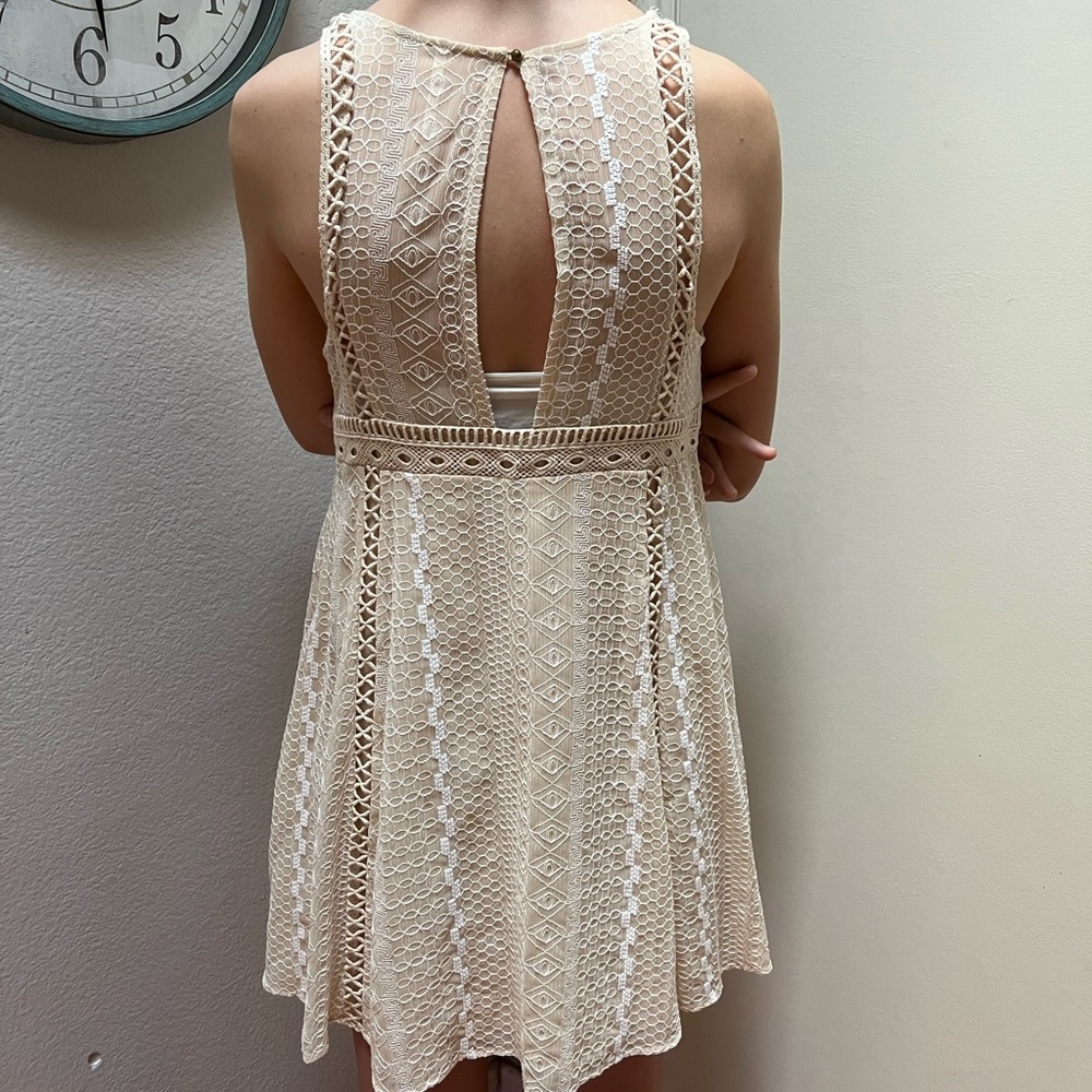 Free People boho DRESS SZ 8 lace natural halter eyelet loop lined